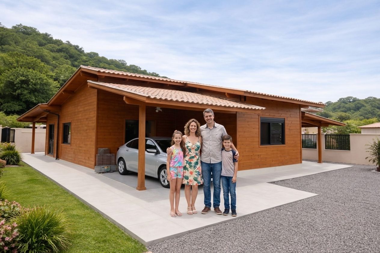 Família em frente a uma casa de madeira pré-fabricada com telhado de telhas e garagem coberta